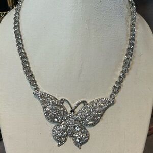 #26 Silver Tone, 16 Inch Butterfly Necklace With Clear Rhinestones